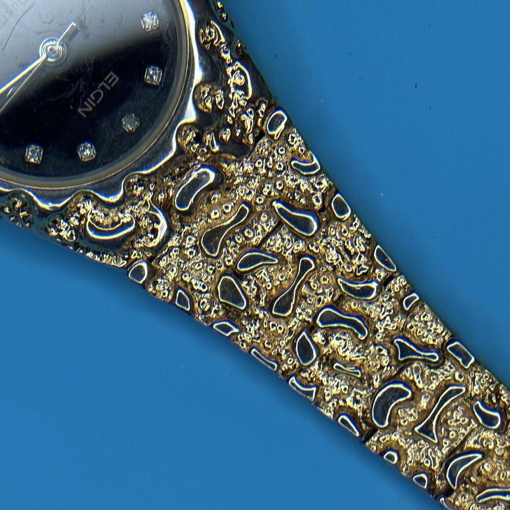 Vintage Elgin Quartz Gold Nugget Plated Diamond Chip Elegant Women’s Watch - Picture 11 of 12
